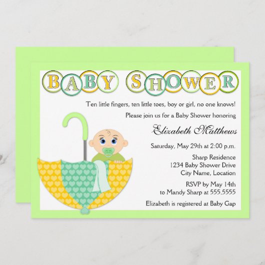 性別不明の傘の赤ちゃんシャワー 招待状 (正面/裏面)