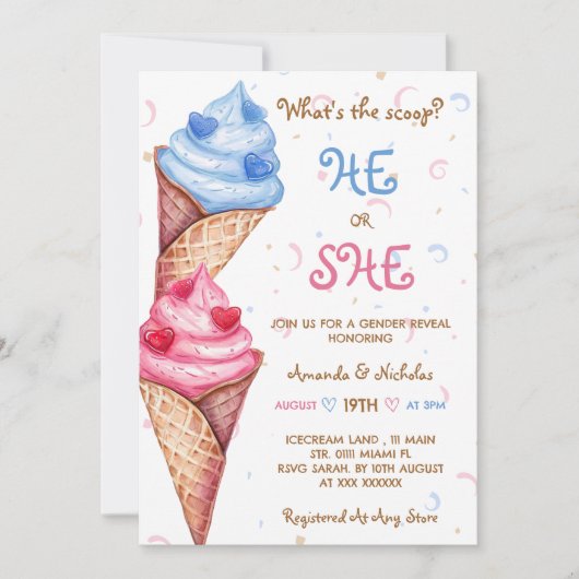 性別彼または彼女のアイスクリームを明らかにする 招待状 (正面)