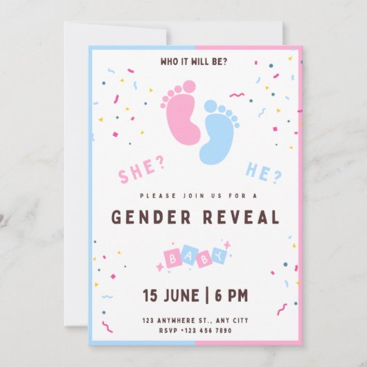 性別発表の招待状　足　男の子か女の子 招待状 (正面)