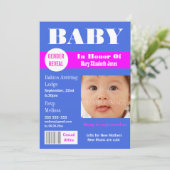 性別発表の雑誌風写真をパーソナライズ 招待状 (スタンド正面)