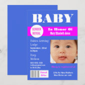 性別発表の雑誌風写真をパーソナライズ 招待状 (正面/裏面)