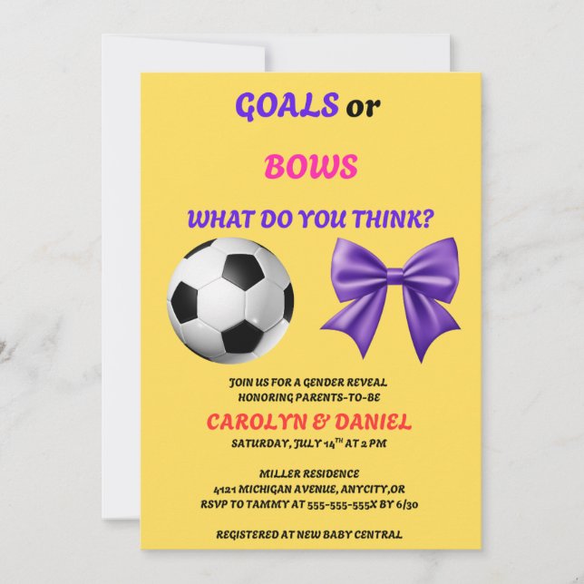 性別発表パーティーの招待状 Goals or Bows (正面)