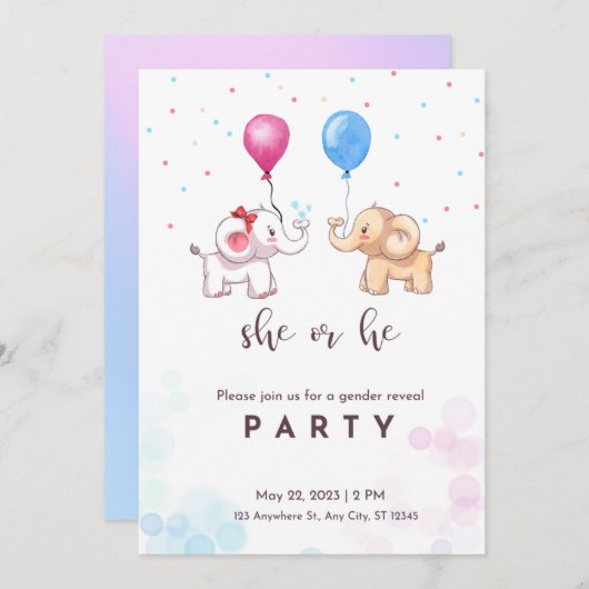 性別発表パーティー、男の子か女の子、象 招待状 (正面/裏面)