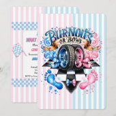 性別発表パーティー Boy or Girl 車 リボン ストライプ 招待状 (正面/裏面)