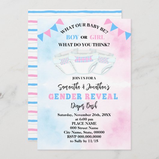 性別発表ピンクとブルーのおむつパーティー 招待状 (正面/裏面)