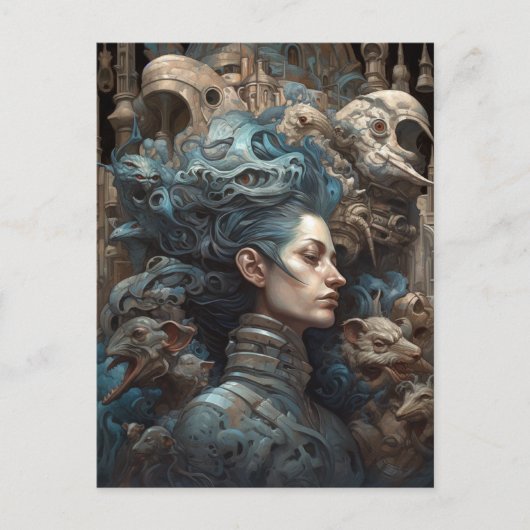 怪物に囲まれた超現実的な絵葉書き ポストカード (正面)