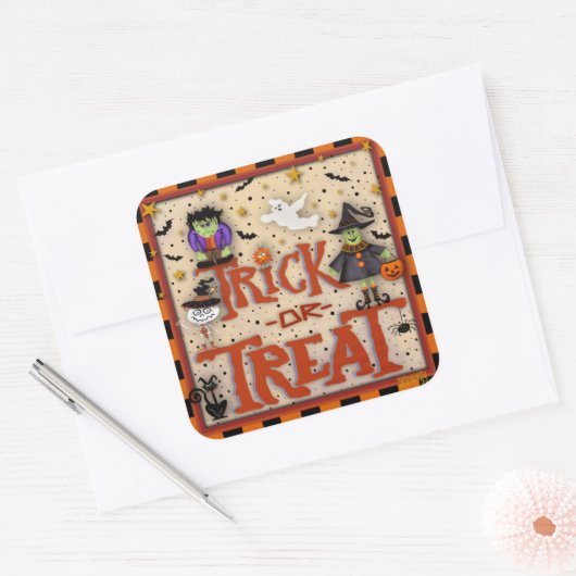 怪物のインスピレーションを与えるハロウィンのトリックまたは治療 スクエアシール (封筒)