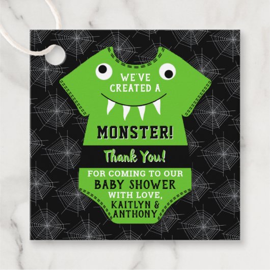「怪物を創った」ハロウィーンの赤ちゃんシャワー フェイバータグ (正面)