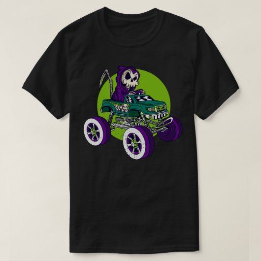 怪獣トラックのハロウィーを運転する死神おもしろいの死神 Tシャツ (デザイン正面)