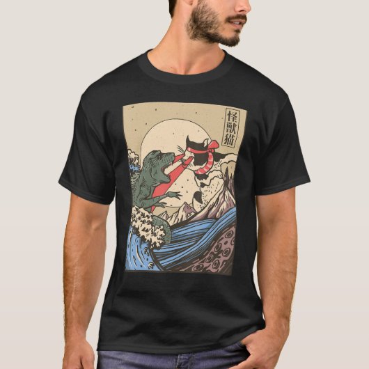 怪獣戦日本のスタイル猫vs怪物 tシャツ (正面)