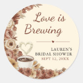 恋が育まれる フローラル コーヒー ハート ブライダル シャワー ラウンドシール (正面)