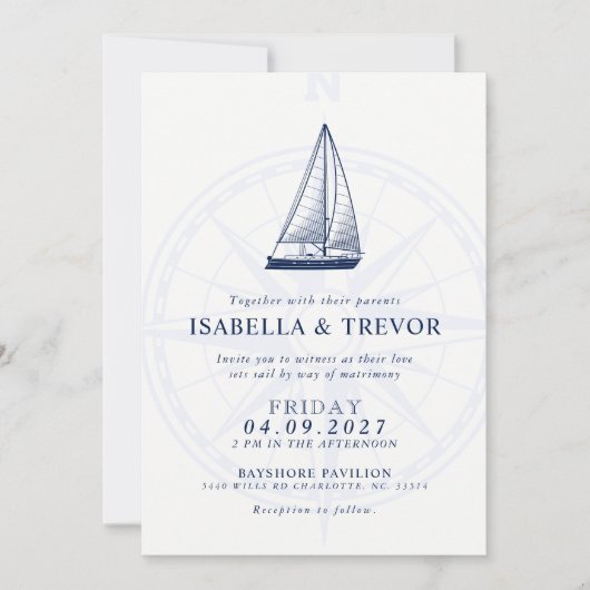 恋が落ちる |航海の結婚の無地の海軍 招待状 (正面)