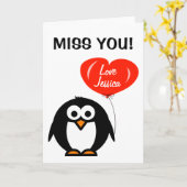 恋しく思あいさつ |ペンギン赤いバルーン カード (黄色い花)