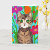 恋しく思お花が可愛いグレーカラフル猫 カード (黄色い花)