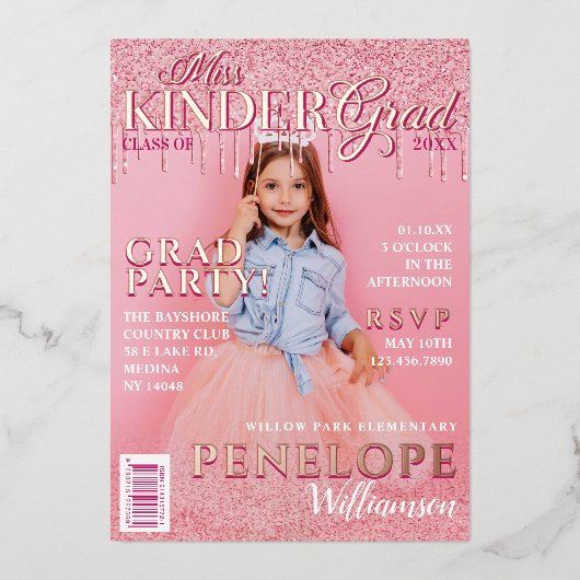 恋しく思キンダーグラッドピンクグリッタードリップマガジンカバー 箔招待状 (正面)