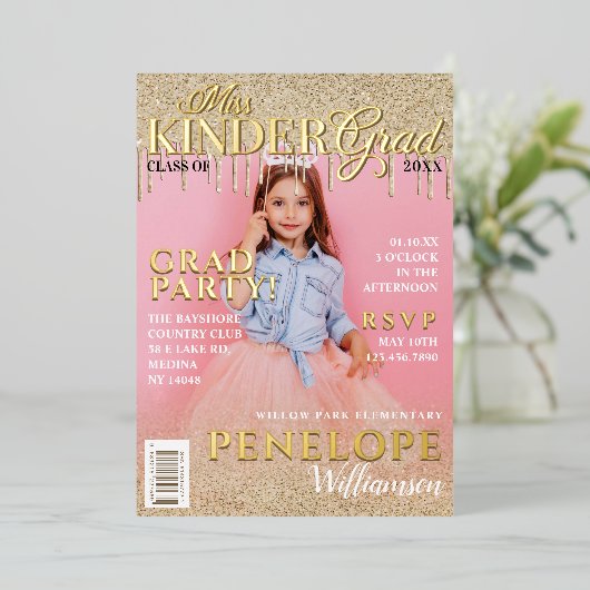 恋しく思キンダーグラッド金ゴールドグリッタードリップマガジンカバー 箔招待状 (立ち正面)