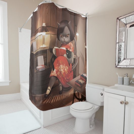 恋しく思ヴィンテージ猫の読時間 シャワーカーテン (インサイチュ)