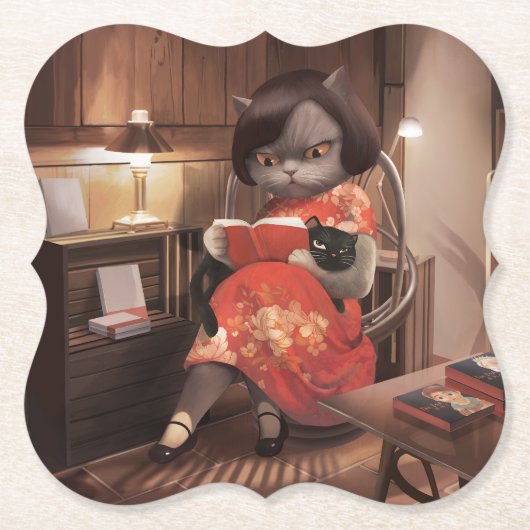 恋しく思ヴィンテージ猫の読時間 ペーパーコースター (正面)