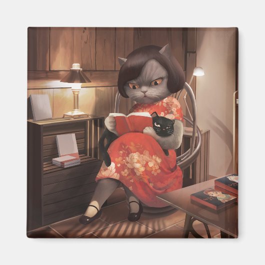 恋しく思ヴィンテージ猫の読時間 マグネット (正面)