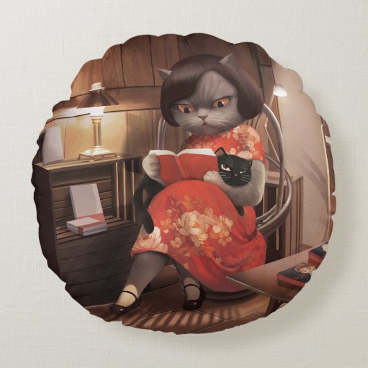 恋しく思ヴィンテージ猫の読時間 ラウンドクッション (正面)