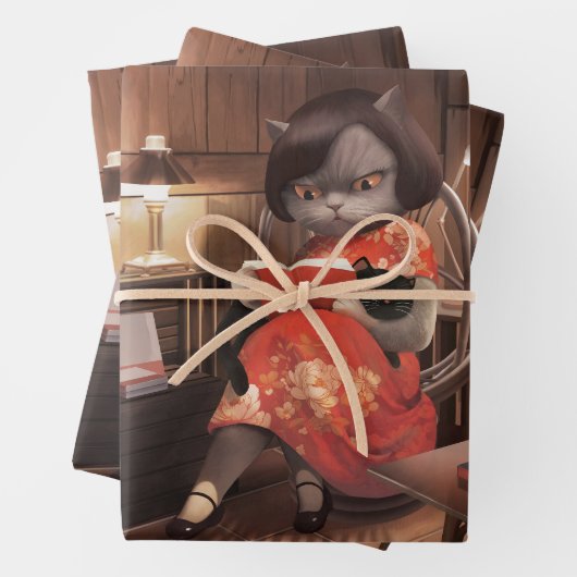 恋しく思ヴィンテージ猫の読時間 ラッピングペーパーシート (インサイチュ)