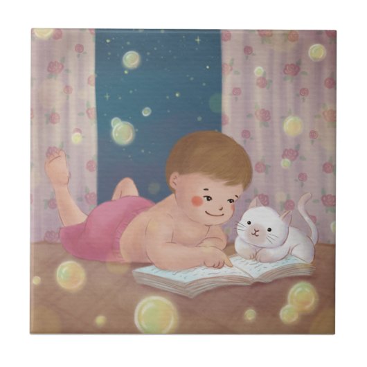 恋しく思君:男の子と猫のイラストレーション タイル (正面)
