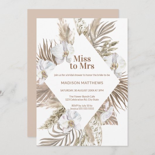 恋しく思Mrs. Tan & Pink Bohoフローラブライダルシャワー 招待状 (正面/裏面)