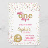 恋しく思Onederful女の子の最初の誕生日ピンク紙吹雪 招待状 (正面/裏面)