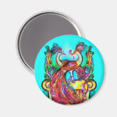 恋するクジャクのモノグラム 赤 青 ターコイズ 緑 マグネット (正面/裏面)