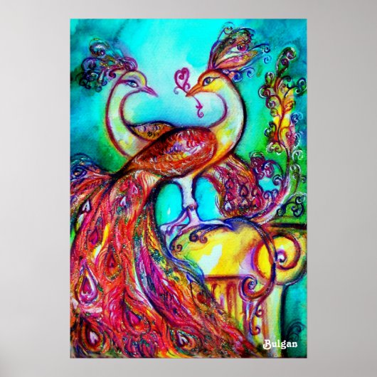 恋するクジャク, 赤 黄 ターコイズ ブルー ポスター (正面)