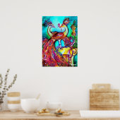 恋するクジャク, 赤 黄 ターコイズ ブルー ポスター (キッチン)