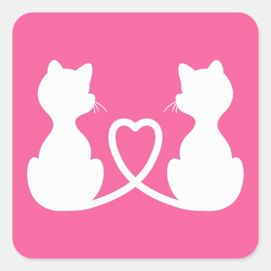 恋する2匹の猫のピンクと白のシルエット スクエアシール (正面)