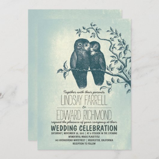 恋と木の枝の2本の結婚式招待状 招待状 (正面/裏面)