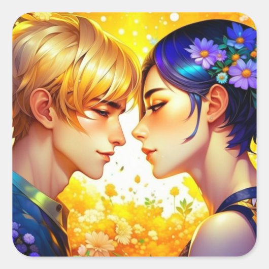 恋に落ちたアニメの少年と女気のあるそぶりをしたの子 スクエアシール (正面)