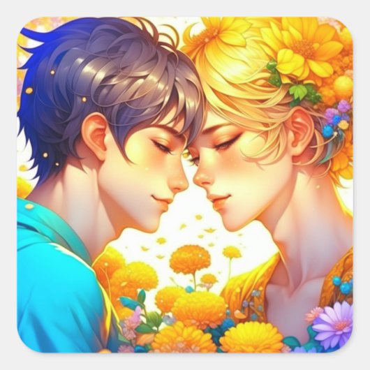 恋に落ちたアニメの少年と女気のあるそぶりをしたの子 スクエアシール (正面)