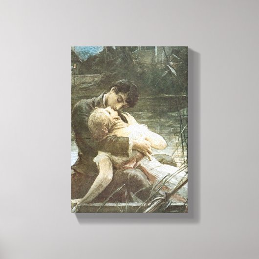 恋に落ちたキスをする若い夫婦ヴィンテージ キャンバスプリント (正面)