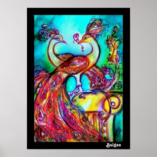 恋に落ちたクジャクたち、赤 黄 ターコイズ ブルー ポスター (正面)