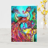 恋に落ちたペコック 赤 青 ターコイズ 緑 カード (黄色い花)