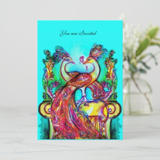 恋に落ちた孔雀 赤 ターコイズ グリーン アクア ブルー ウェディング 招待状 (スタンド正面)