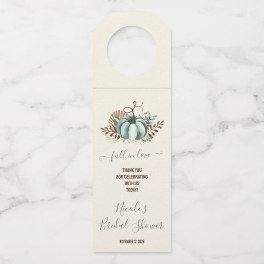 恋に落ちて、青いパンプキン、フラワーブライダルシャワー ボトルネックタグ (正面)