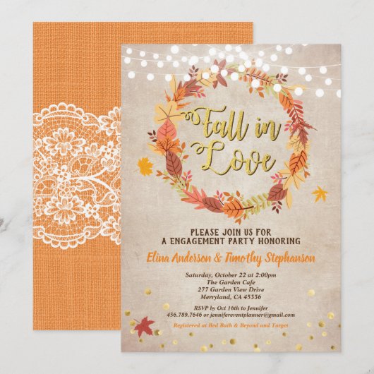 恋に落ちるエンゲージメントパーティーリースビンテージ 招待状 (正面/裏面)