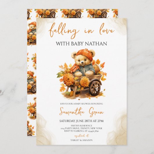 恋に落ちるクマの赤ちゃんシャワー 招待状 (正面/裏面)