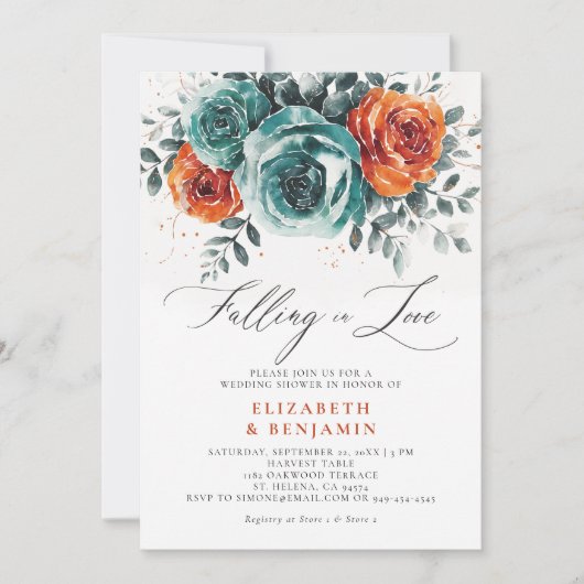 恋に落ちるティール(緑がかった色)オ結婚レンジブライダルシャワー 招待状 (正面)