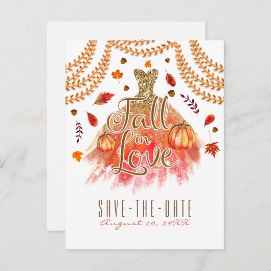 恋に落ちるドレス 秋の葉の日を保存 案内ポストカード (正面/裏面)