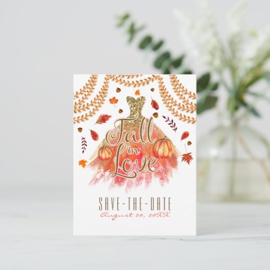 恋に落ちるドレス 秋の葉の日を保存 案内ポストカード (スタンド正面)
