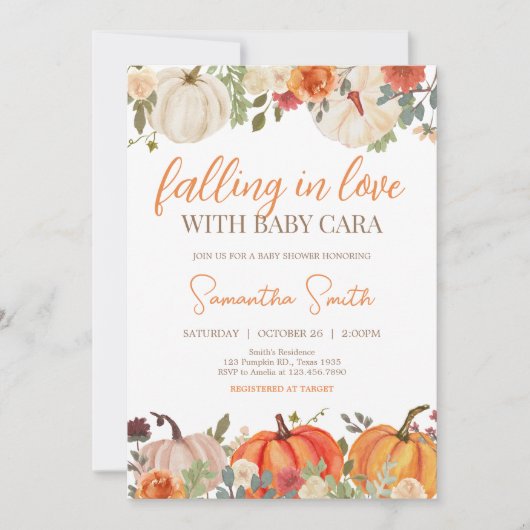 恋に落ちるフローラカボチャ赤ちゃんシャワー 招待状 (正面)