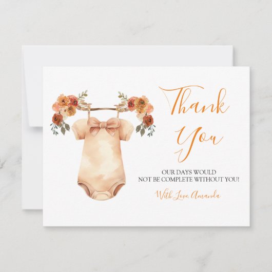 恋に落ちるフローラ赤ちゃん服赤ちゃんシャワー サンキューカード (正面)