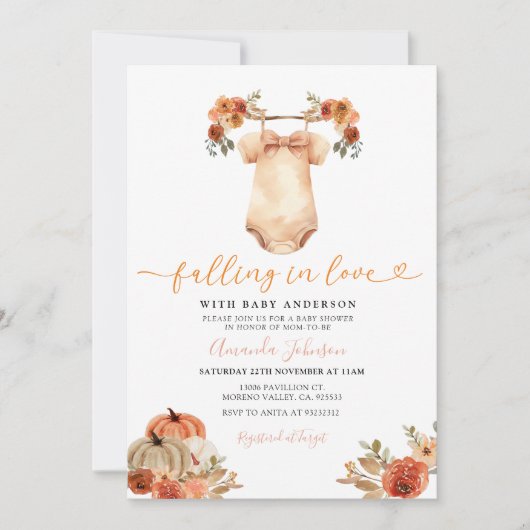 恋に落ちるフローラ赤ちゃん服赤ちゃんシャワー 招待状 (正面)