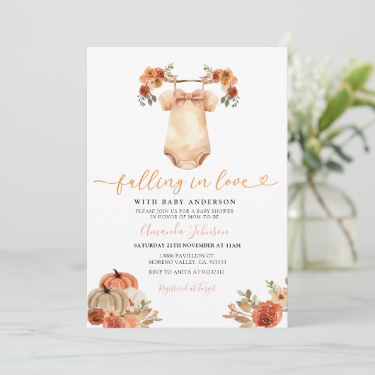 恋に落ちるフローラ赤ちゃん服赤ちゃんシャワー 招待状 (スタンド正面)