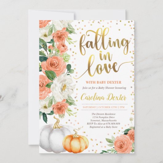 恋に落ちるベビーシャワー招待状オレンジ金ゴールド 招待状 (正面)